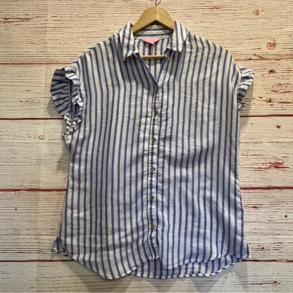 Lilly Pulitzer Leighton Shirt in Bennet Blue Beachy Yard Stripe Sz M - Picture 3 of 12